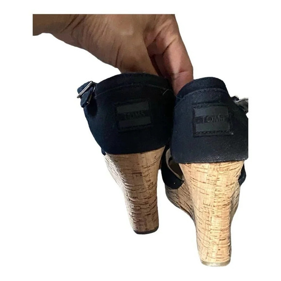 Toms Black Wedges Sandals Size 7.5 Open Toe Ankle Strap Heel Wedge Casual - Picture 7 of 12